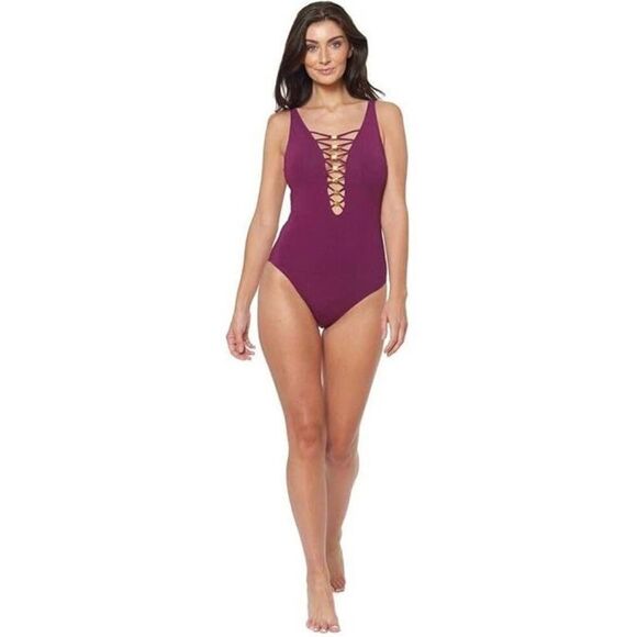 New. Bleu Rod Beattie plum lace up swimsuit. Size 8. Retails $119 - Picture 4 of 7